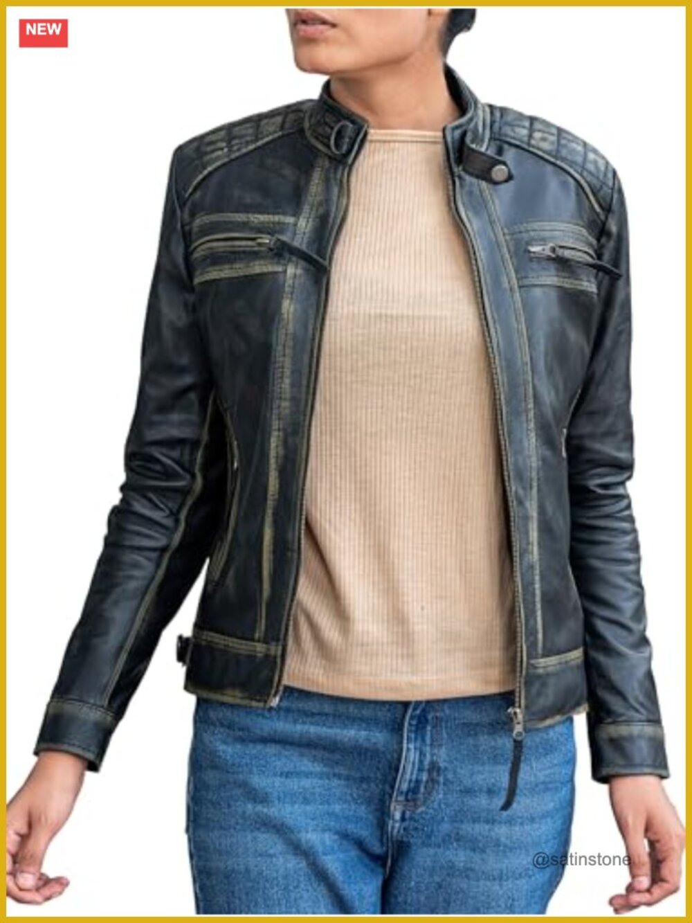 Quilted Real Lambskin Leather Jacket Women Cafe Racer Moto Biker YKK Zipper